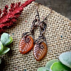 Wire wrapped Czech glass leaf dangle earrings